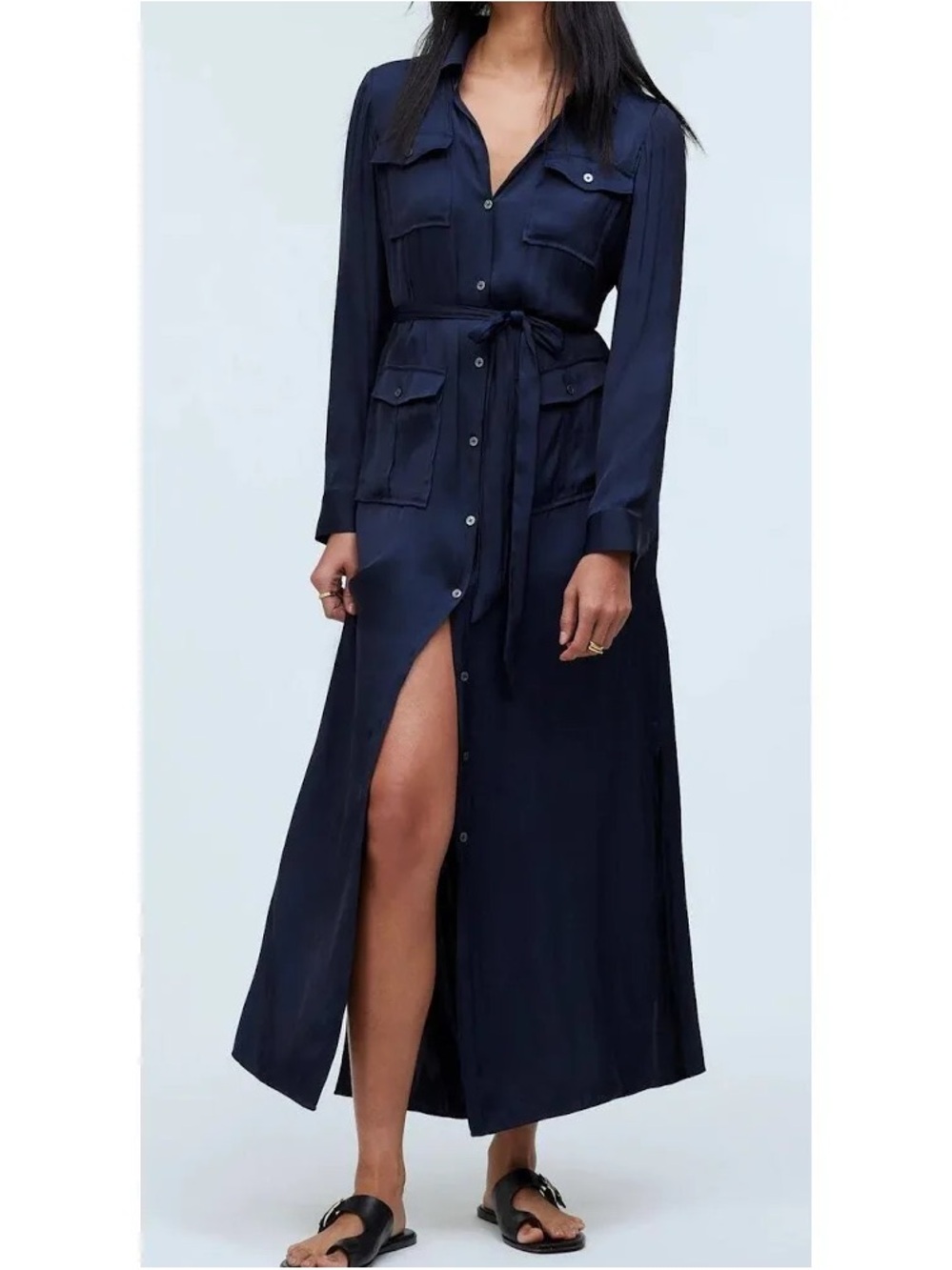 Madewell Navy Button-Front Maxi Shirt Dress with Waist Tie